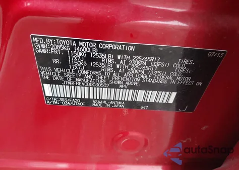 2013 Toyota Rav4 Xle из США, поврежденный, VIN JTMRFREV0DD030502